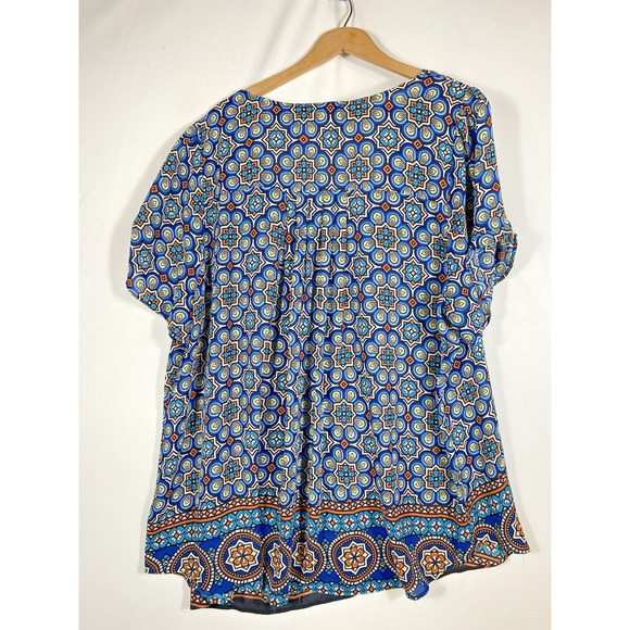Daniel Rainn Sz 2X Tunic Blouse Top Blue Geometric V Neck Peasant Boho Festival - Picture 10 of 11